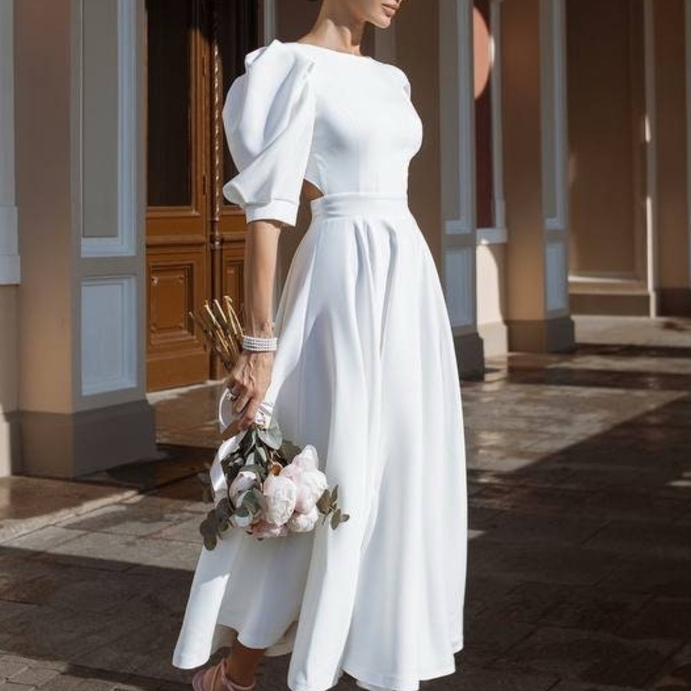 Elegant White Puff Sleeve Dress